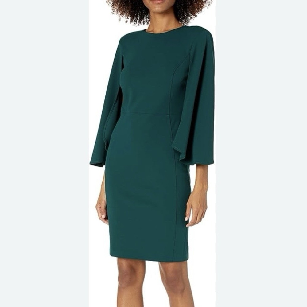 Calvin Klein Green Slit Flare Sleeve Stretch Crepe Sheath Dress Size 14